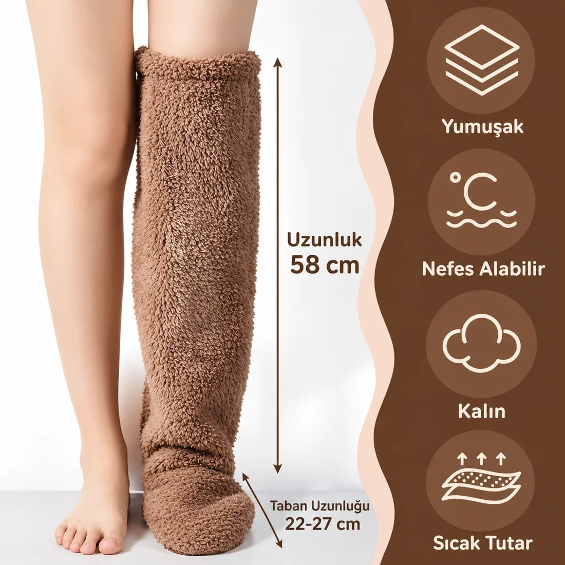 Pufida çorap ölçüleri: uzunluk 58 cm, taban 22-27 cm